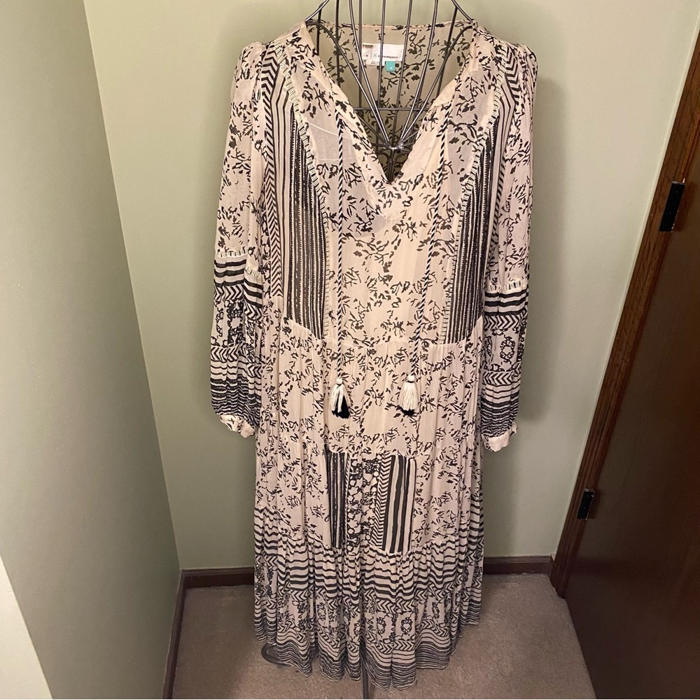 Anthropologie Cream and Black Long Sleeve Sundress